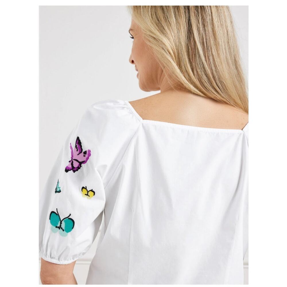 Talbots Embroidered Poplin White Top Scattered Butterfly Women Size Large Petite - Picture 3 of 7
